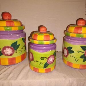 Hand Painted Ceramic 3 Piece Canister Set with Flowers and Checkerboard